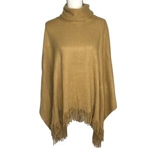 Akira Chicago Black Label Sweater Tan Turtle Neck Fringe Poncho Sweater One Size